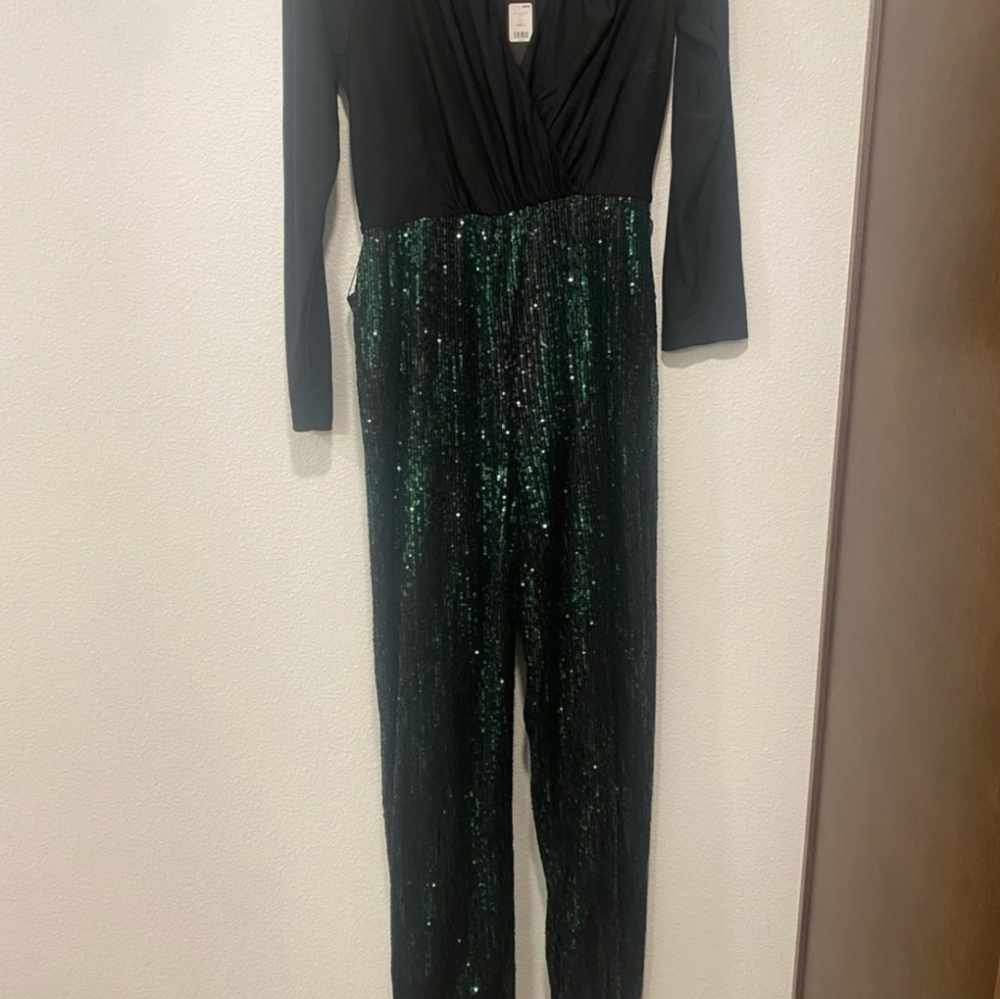 Fashion Nova Black and Green Sequin Jumpsuit
